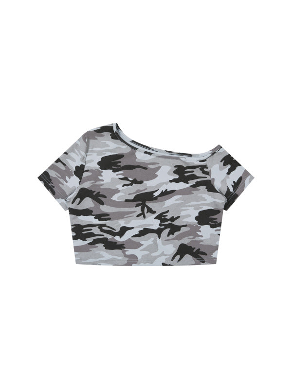 Women's Camo Off-Shoulder Crop T-Shirt