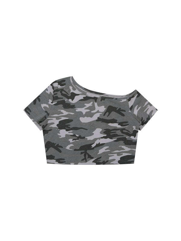 Women's Camo Off-Shoulder Crop T-Shirt